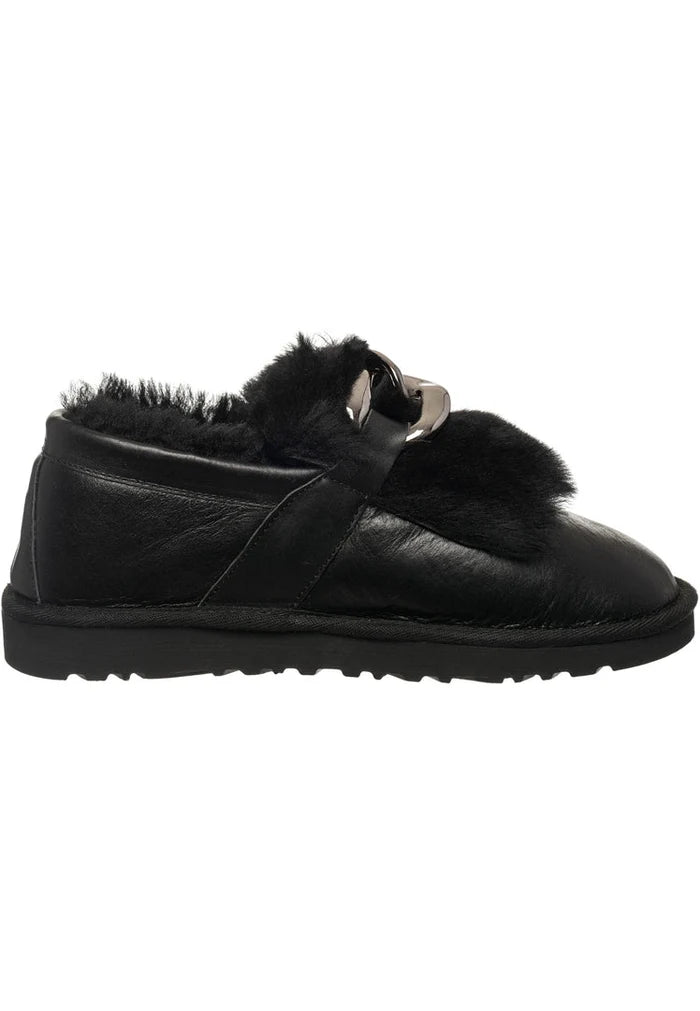 A pair of stylish black fur-lined loafers with chain detail, perfect for women's winter footwear.