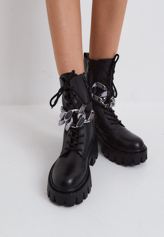 Chain Impact Combat Boots - Black