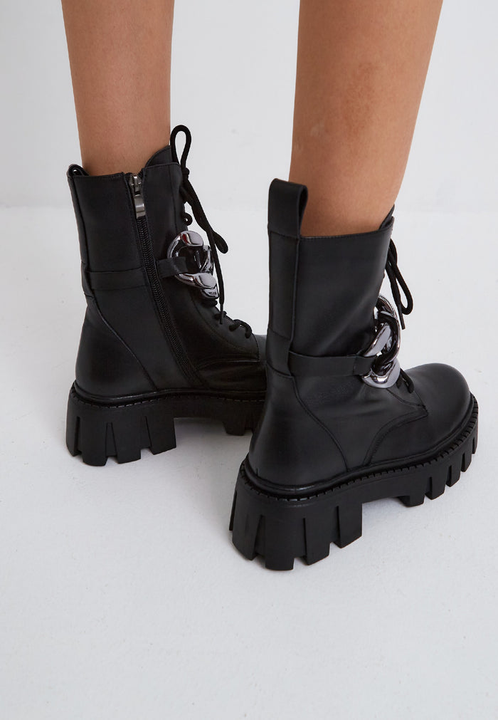 Chain Impact Combat Boots - Black
