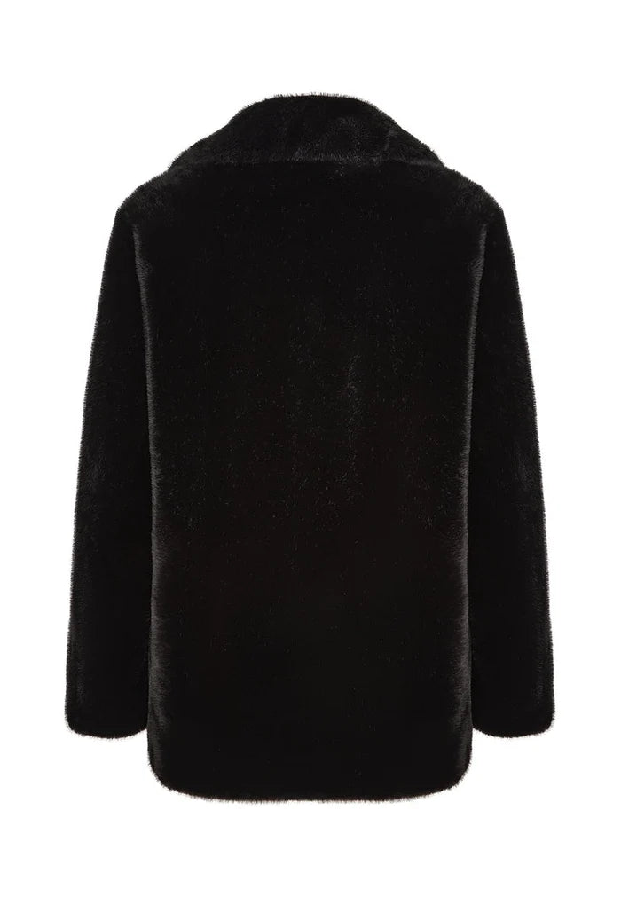 A fashionable black faux fur Niuvis coat, elegantly chic and perfect for any fashion-forward outfit.