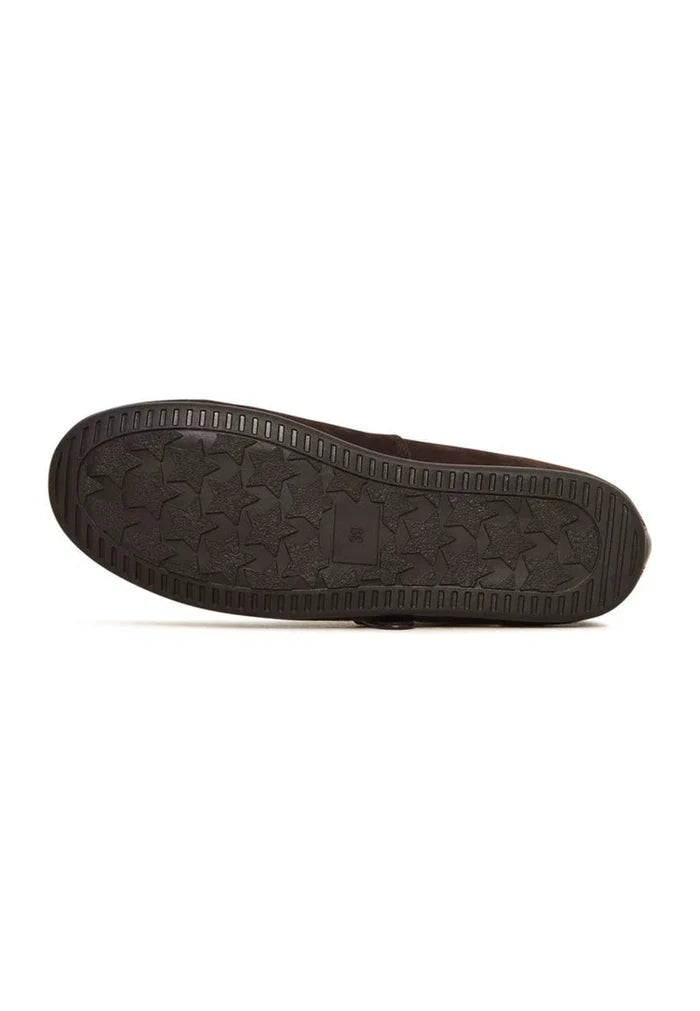 A stylish pair of brown Mary Jane flats designed for women, perfect for those looking for chic and fashionable flat shoes.
