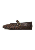 A stylish pair of leopard flats shoes, chic Mary Jane style with trendy animal print design for fashionable women.