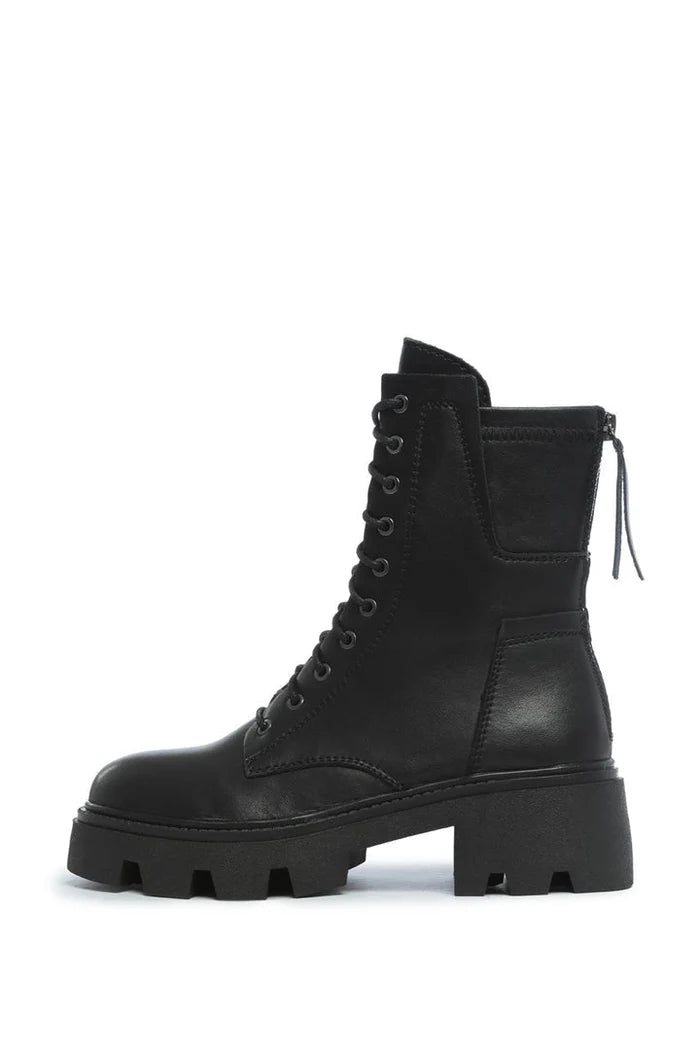 A pair of chunky leather lace-up combat boots with a rugged and stylish design.