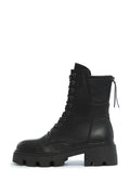 A pair of chunky leather lace-up combat boots with a rugged and stylish design.