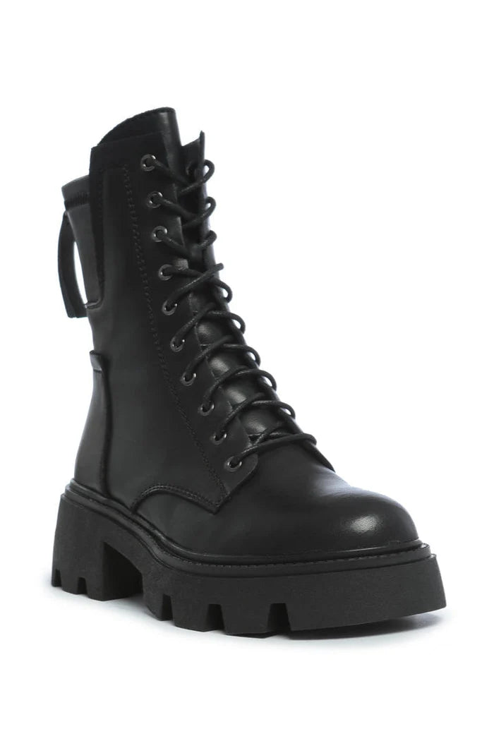 A stylish pair of chunky leather combat boots with laces.
