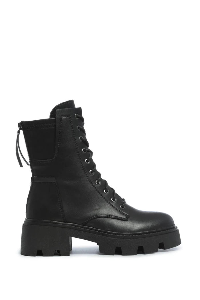 A pair of chunky lace-up combat boots with a bold and durable leather design for a stylish and rugged look.
