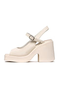A stylish pair of chunky white platform sandals with a trendy design, perfect for women looking for fashionable chunky heel sandals.