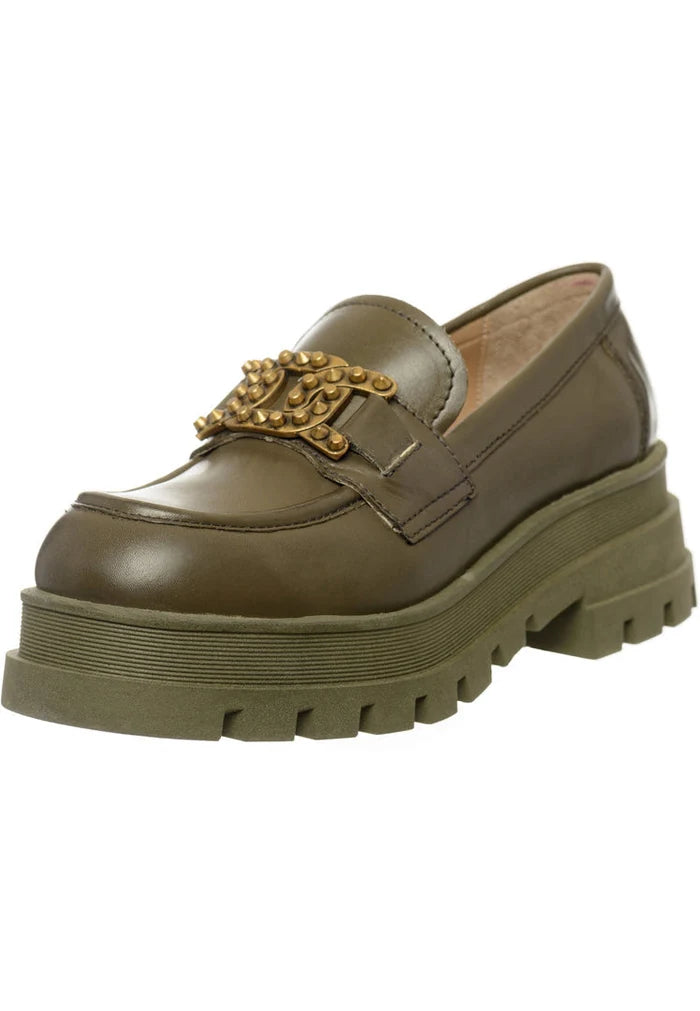 A stylish pair of women's dark green studded and chunky loafers, perfect for adding a trendy touch to your fashion footwear collection.