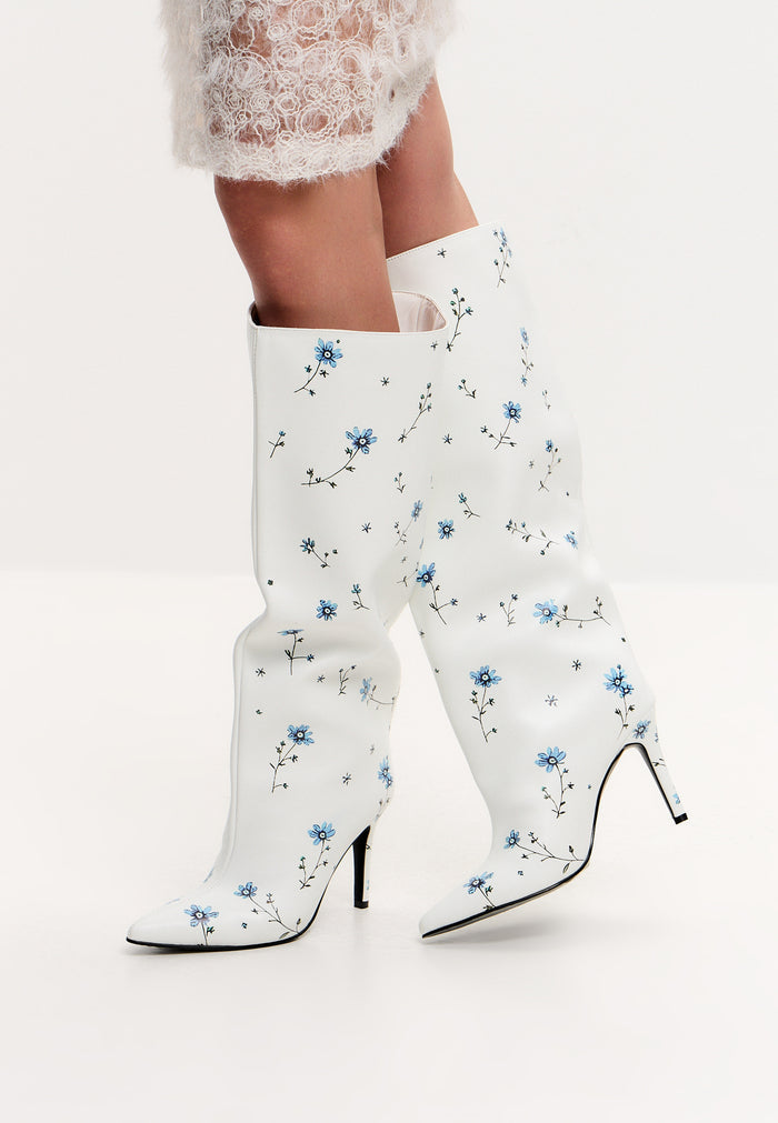 Classic Floral Stiletto Boots - White