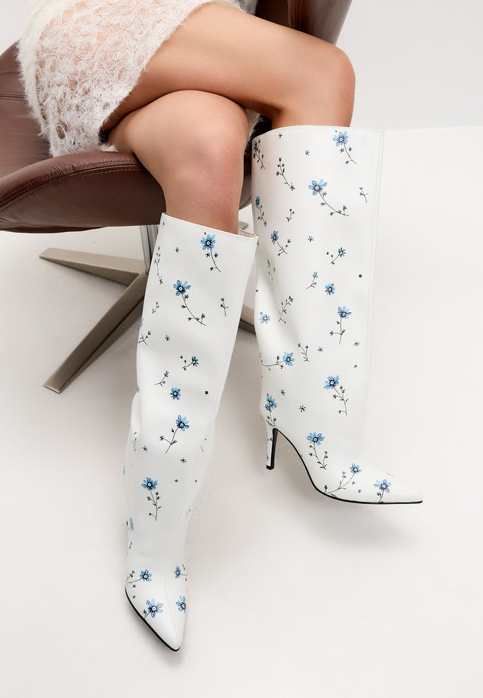 Classic Floral Stiletto Boots - White