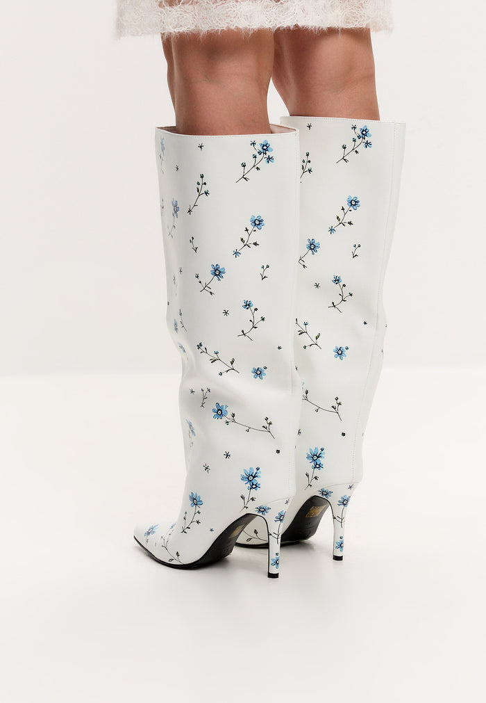 Classic Floral Stiletto Boots - White