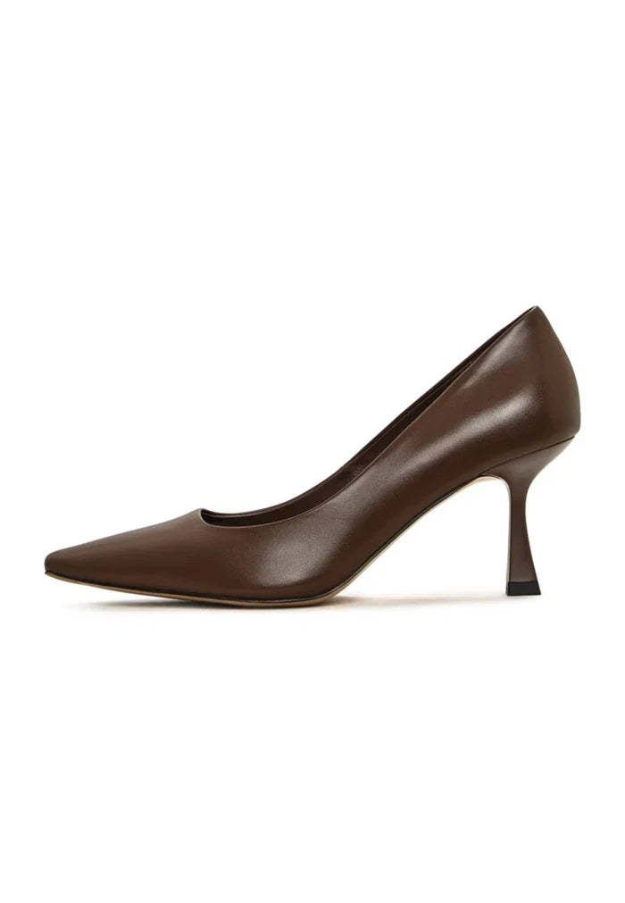 A close-up of dark brown leather pumps, a classic pair of women's footwear for a fashion-forward look.