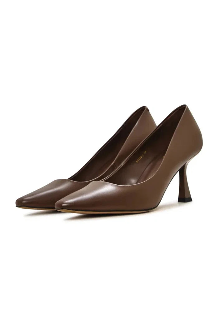 A stylish pair of dark brown leather pumps, a classic choice in women's footwear for fashion-forward looks.