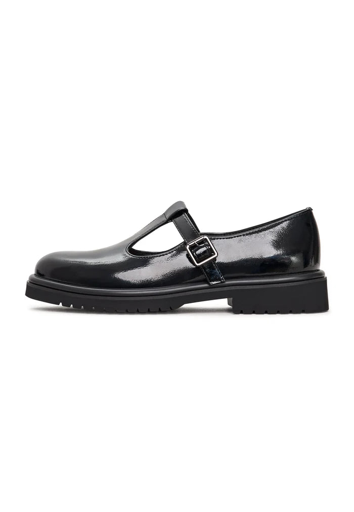 A stylish pair of women's loafers in classic Mary Jane style, featuring a patent black finish known as MayJay.