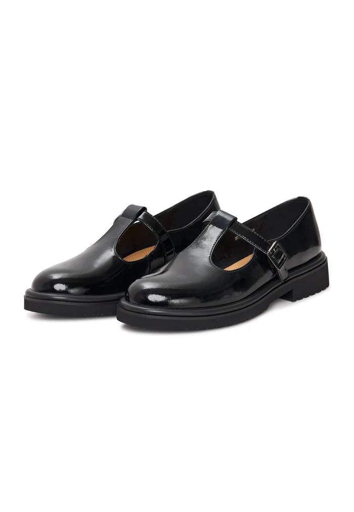 A stylish pair of women's Classic Mary Jane Loafers in patent black, featuring the classic Mary Jane style with a modern twist by MayJay.
