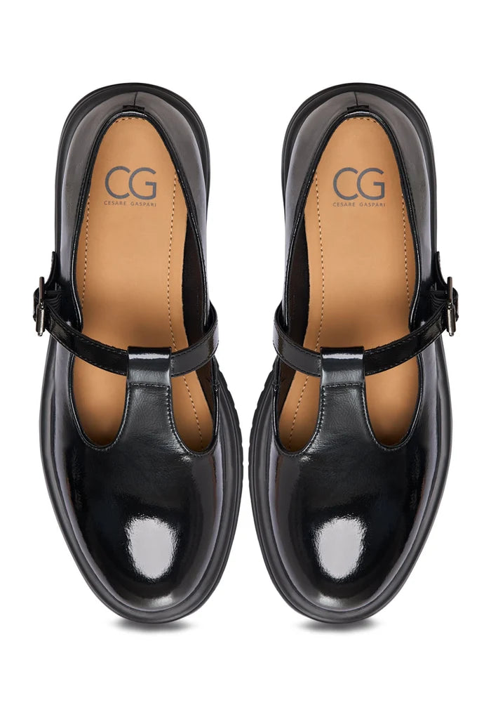 A stylish pair of MayJay women's loafers in classic Mary Jane style, crafted in shiny patent black.