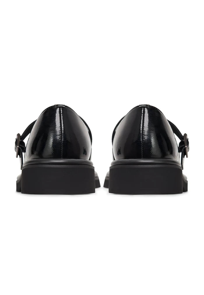 A stylish pair of women's loafers in classic Mary Jane style, featuring MayJay design in glossy patent black.