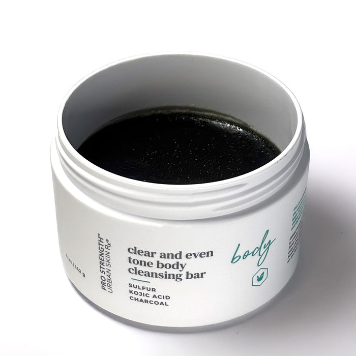 Open jar of Urban Skin RX Clear and Even Tone Body Cleansing Bar
