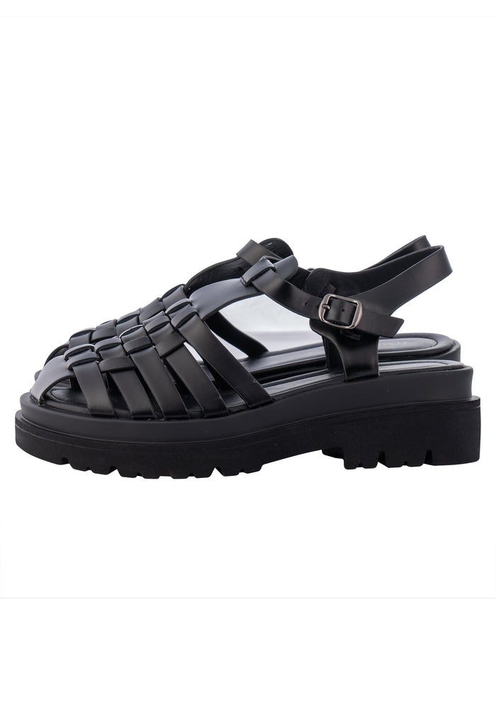 Closed-Toe Woven Leather Platform Sandals – Black