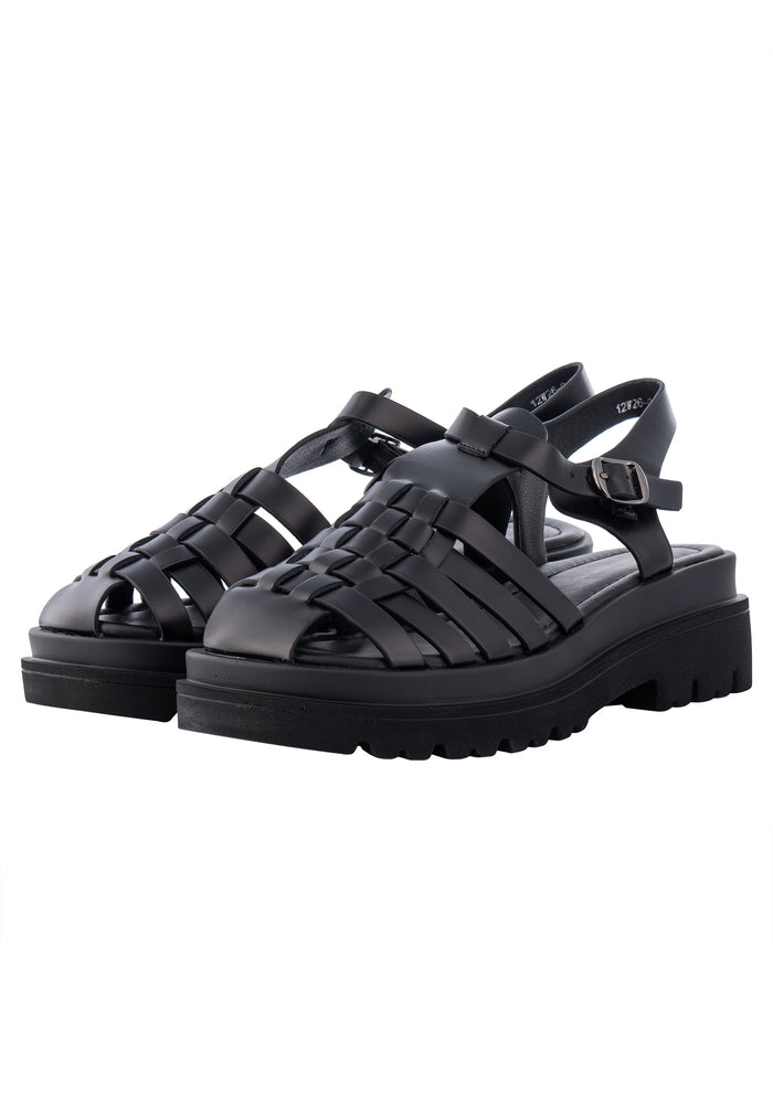 Closed-Toe Woven Leather Platform Sandals – Black