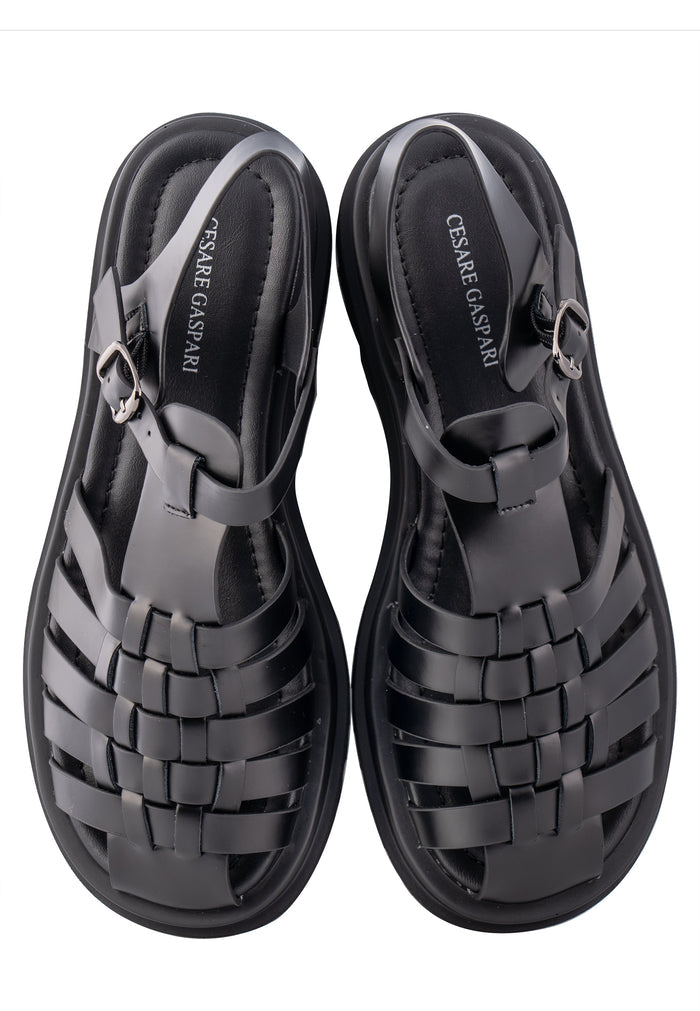 Closed-Toe Woven Leather Platform Sandals – Black