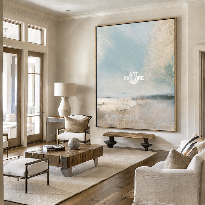Original Seascape Wall Art Large Landscape Painting In Blue And Beige Textured Sea Wall Art For Sale