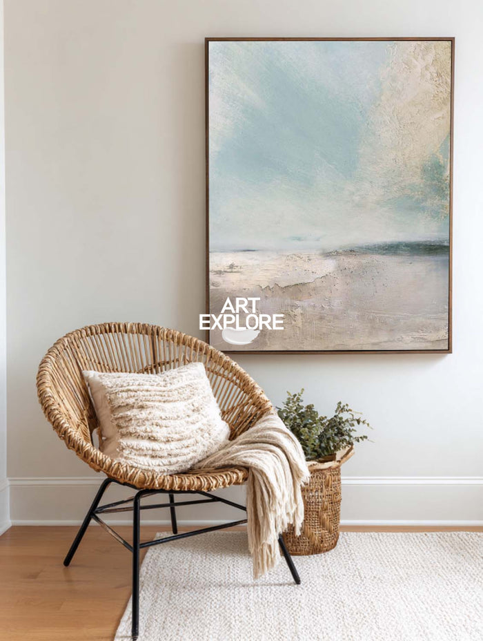 Original Nature Landscape Painting In Blue And Beige For Bedroom Wall Art Design