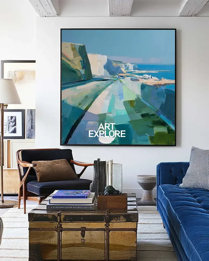 Modern Blue Texture Coastal Wall Art Blue Coastal Landscape Oil Painting for Home Decor, ArtExplore
