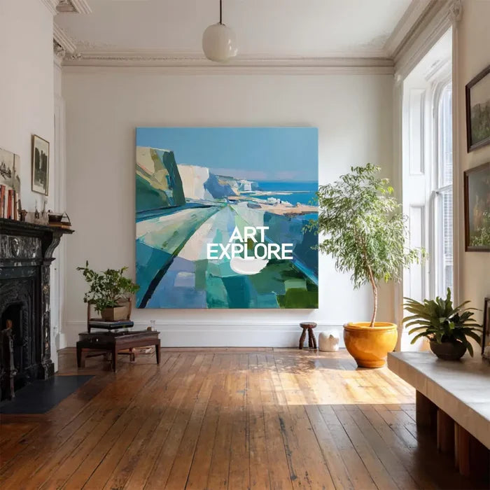 Modern Blue Texture Coastal Wall Art Blue Coastal Landscape Oil Painting for Home Decor, ArtExplore
