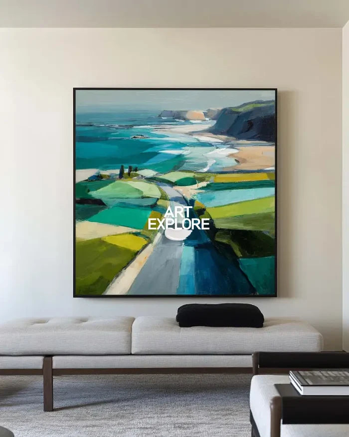 Blue Coastal Wall Art Large Blue Abstract Coastal Landscape Oil Painting For Living Room, ArtExplore