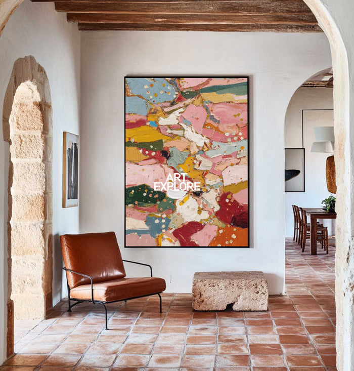 Hand Painted Abstract Textured Art With Pink And Teal For Modern Living Room Decor