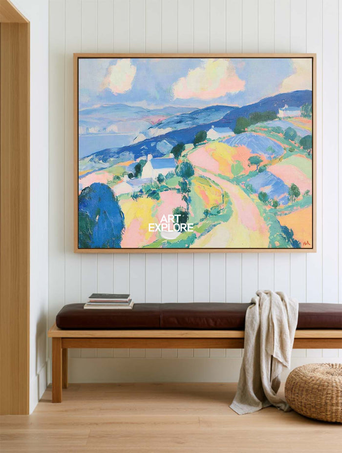 Hand-Painted Abstract Hills Landscape Canvas Painting With Blue And Pink Tones