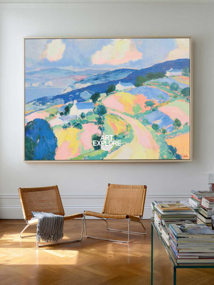 Hand-Painted Abstract Hills Landscape Canvas Painting With Blue And Pink Tones