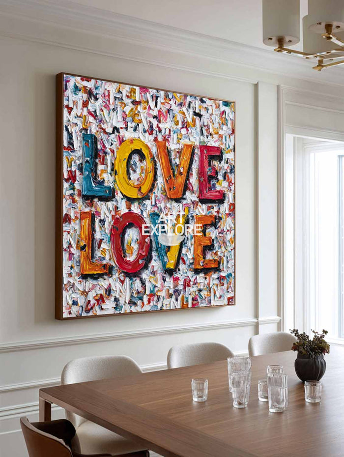 Square Love Wall Art - Large Vibrant Textured Oil Painting for Home | ArtExplore