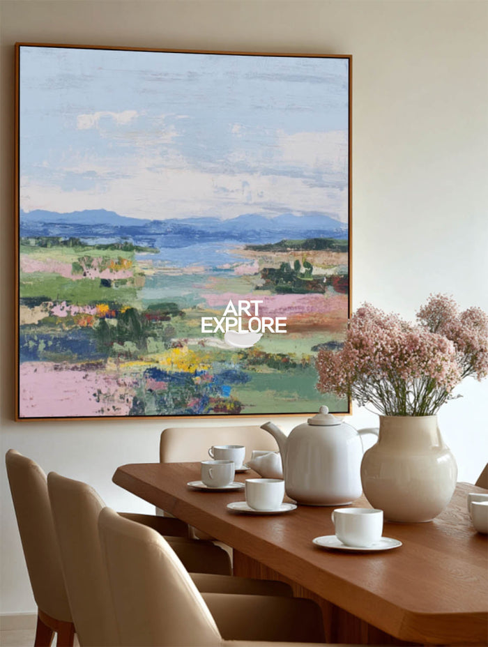 Modern Textured Landscape Painting With Colorful Meadow For Contemporary Home Decor