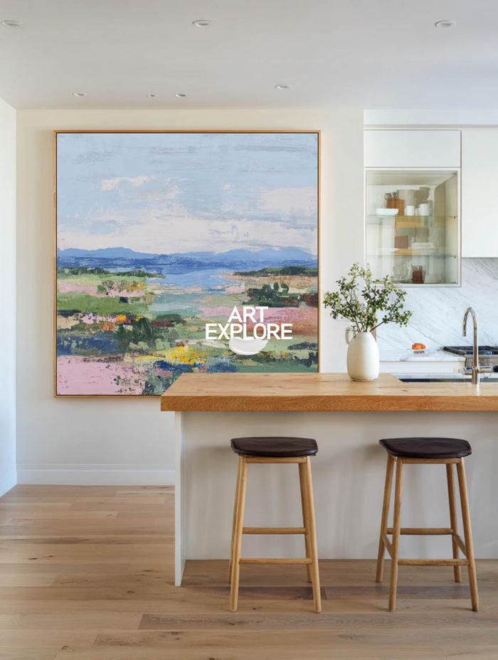Modern Textured Landscape Painting With Colorful Meadow For Contemporary Home Decor