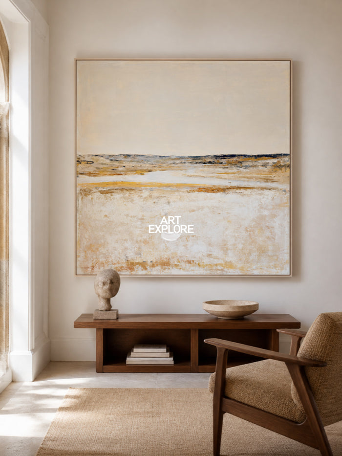 Abstract Horizon Landscape Canvas Painting In Beige And Brown Tones