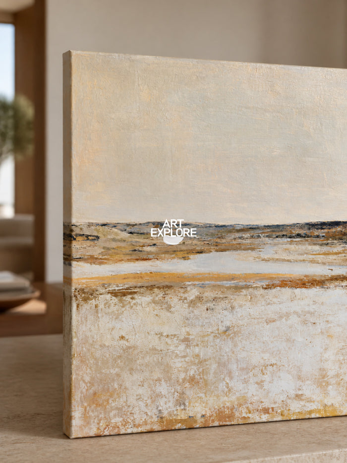 Abstract Horizon Landscape Canvas Painting In Beige And Brown Tones