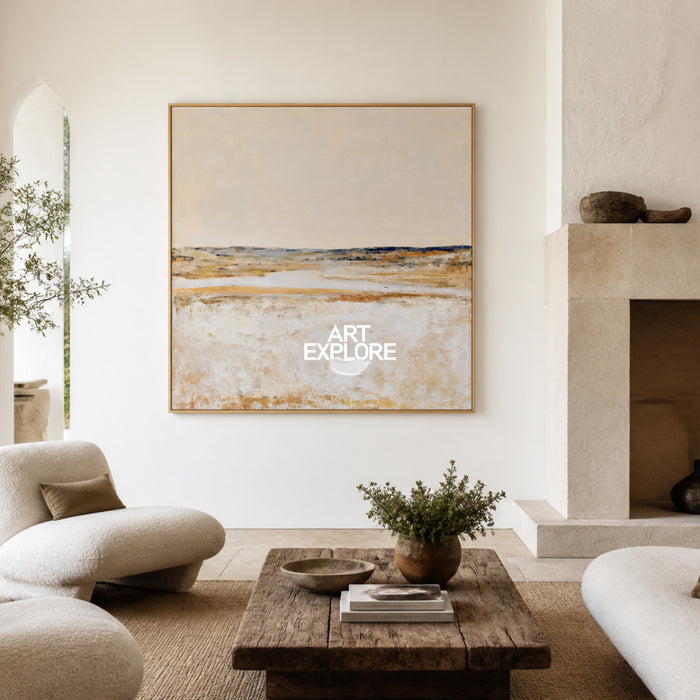 Abstract Horizon Landscape Canvas Painting In Beige And Brown Tones
