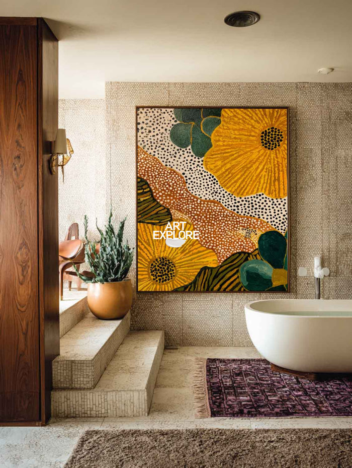 Abstract Floral Painting With Orange And Green Tones For Modern Living Room Decor