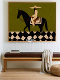 Stylized Black Horse And Rider Art Print Geometric Pattern Wall Decor For Entryway