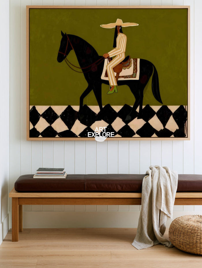 Stylized Black Horse And Rider Art Print Geometric Pattern Wall Decor For Entryway