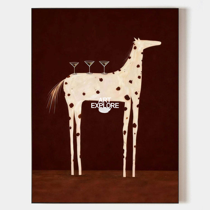 Original Folk Art Horse Painting With Martini Glasses For Dining Room Wall Decor