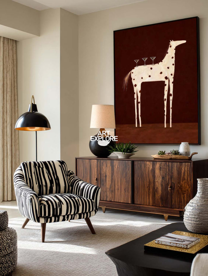 Original Folk Art Horse Painting With Martini Glasses For Dining Room Wall Decor