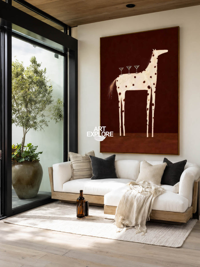 Original Folk Art Horse Painting With Martini Glasses For Dining Room Wall Decor