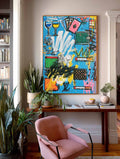 Original Graffiti Abstract Painting With Blue Background For Modern Urban Home Decor