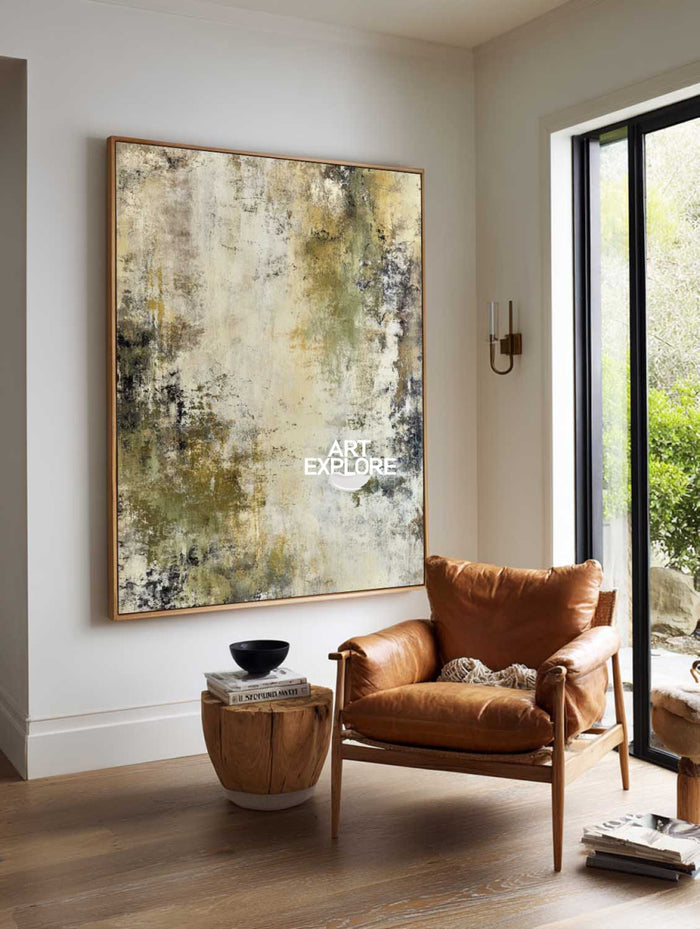 Neutral Abstract Masterpiece In Olive And Cream For Quiet Luxury Interior Styling