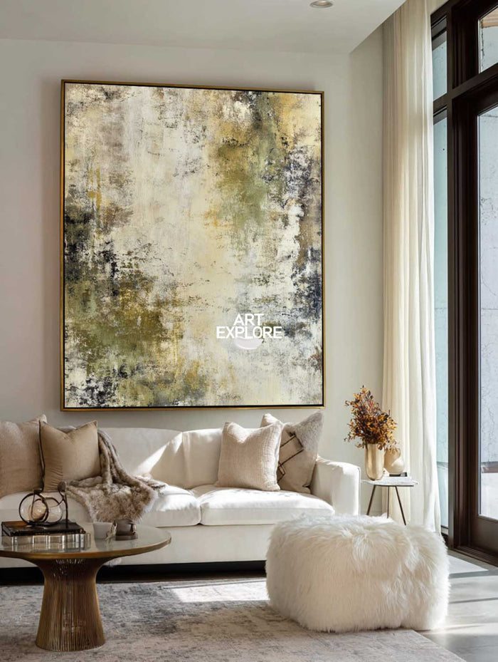 Neutral Abstract Masterpiece In Olive And Cream For Quiet Luxury Interior Styling