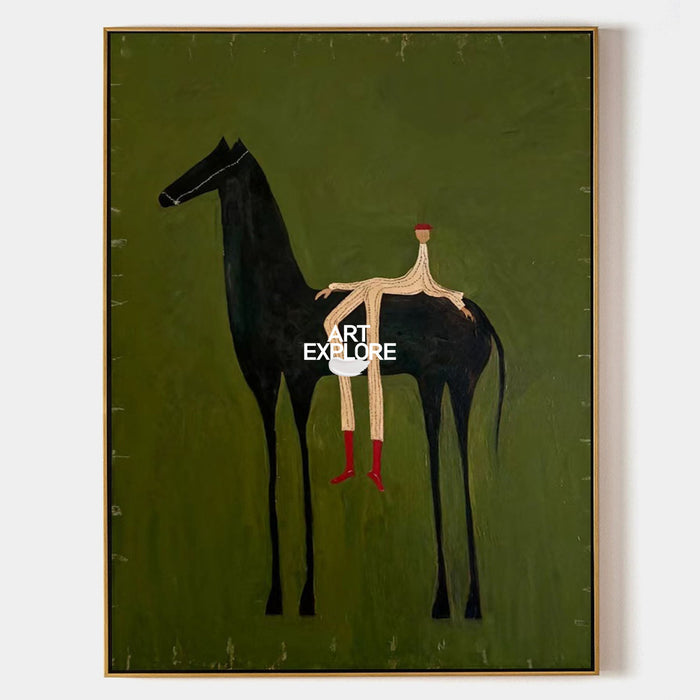 Minimalist Horse Painting Green Abstract Folk Art Canvas For Modern Home Decor