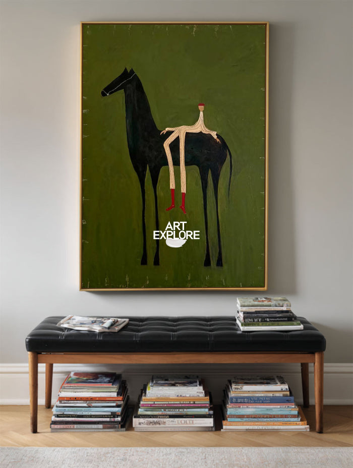 Minimalist Horse Painting Green Abstract Folk Art Canvas For Modern Home Decor